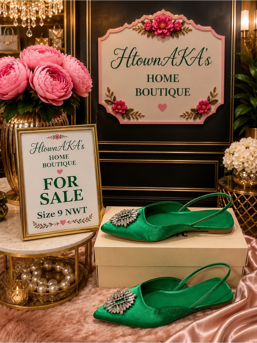 Satin Green Pointed Slingback Flats with Crystal Brooch